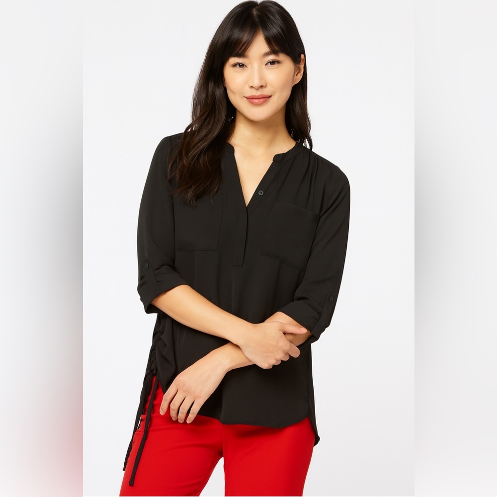 Roz & Ali Black Ruched 3/4 Sleeve Blouse‎ Size Medium